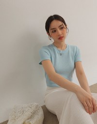 Waffle Knit Crew Neck Short Sleeve Top