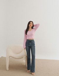 Round Neck Long Sleeve Textured Ribbed Knit Crop Top