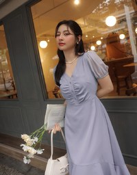 V-Neck Sheer Sleeve Asymmetrical Mermaid Hem Maxi Dress