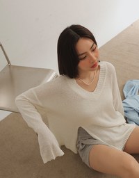 Casual V Neck Side Slit Loose Knit Top