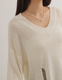 Casual V Neck Side Slit Loose Knit Top