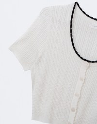 U Neckline Cable Knit Button Up Crop Top