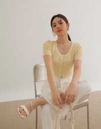 U Neckline Cable Knit Button Up Crop Top