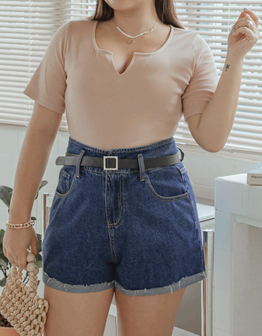 High Waisted Turn Up Denim Jeans Shorts (With Belt)