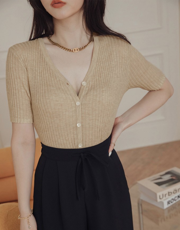 Casual Chic Button Down Ribbed Knit Top Air Space