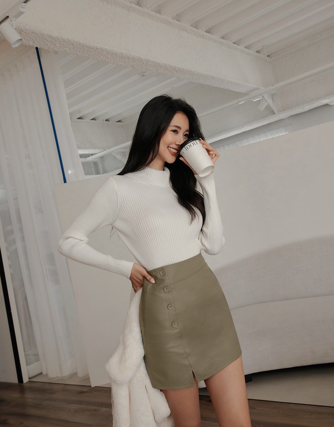 Side Breasted Slit High Waist Leather Skirt Air Space